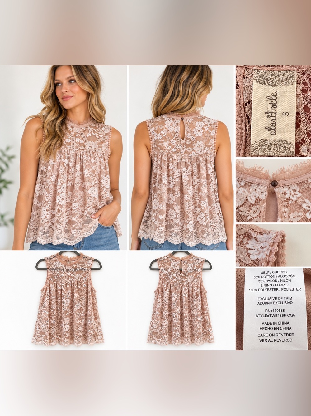 Alter’d State Women’s S Blush Pink Floral Lace Sleeveless Babydoll Top
